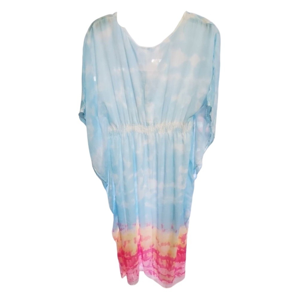 MPH Collection Womens XL Tie Dye Ombre Kaftan Maxi Dress Blue Pink V-Neck NEW